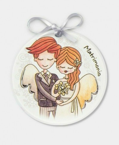 Quadretto/Magnete tondo Matrimonio da 8 cm con riporti in argento